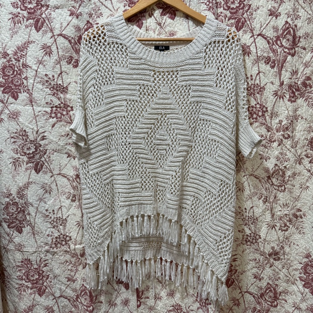 ELA Cream Knit Fringe Poncho Sweater Size 8 Boho Open Weave